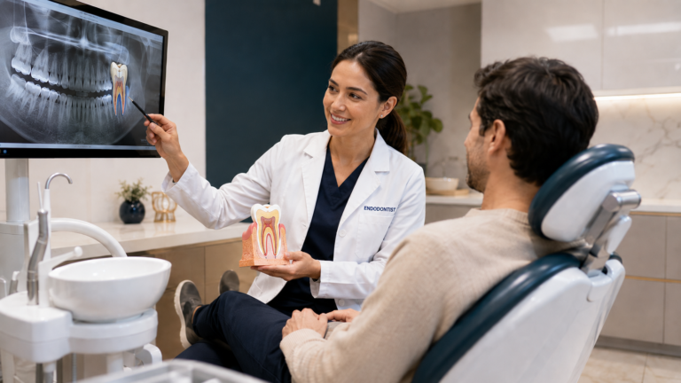 endodoncista explicando radiografía dental para tratamiento de conducto en Lima
