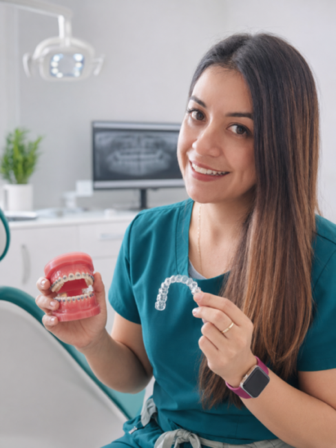 Ortodoncista de V&C Odontólogos mostrando un tratamiento con brackets en Lima