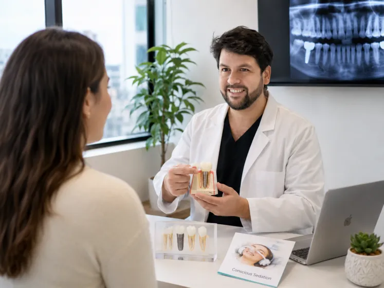 Odontólogo de V&C Odontólogos explicando a una paciente el implante dental y la sedación consciente
