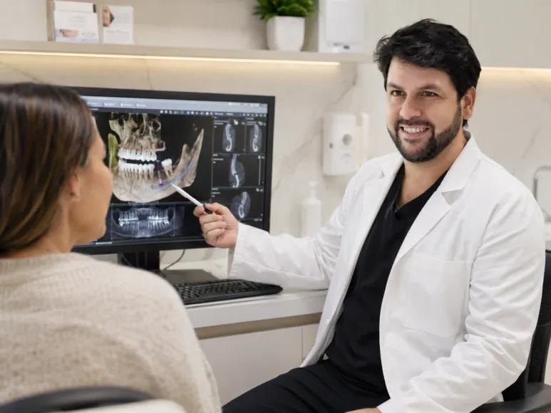 Odontólogo de V&C Odontólogos revisando una tomografía 3D con la paciente antes de un implante dental